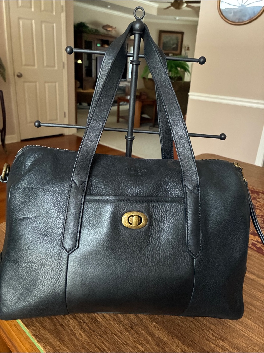 Margot Black Leather Satchel with Gold Turn-Lock Vintage EUC